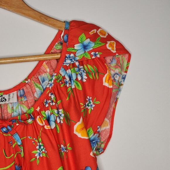 Vintage Hilo Hatties Red Hawaiian Floral Map Maxi Dress Small - Picture 3 of 7